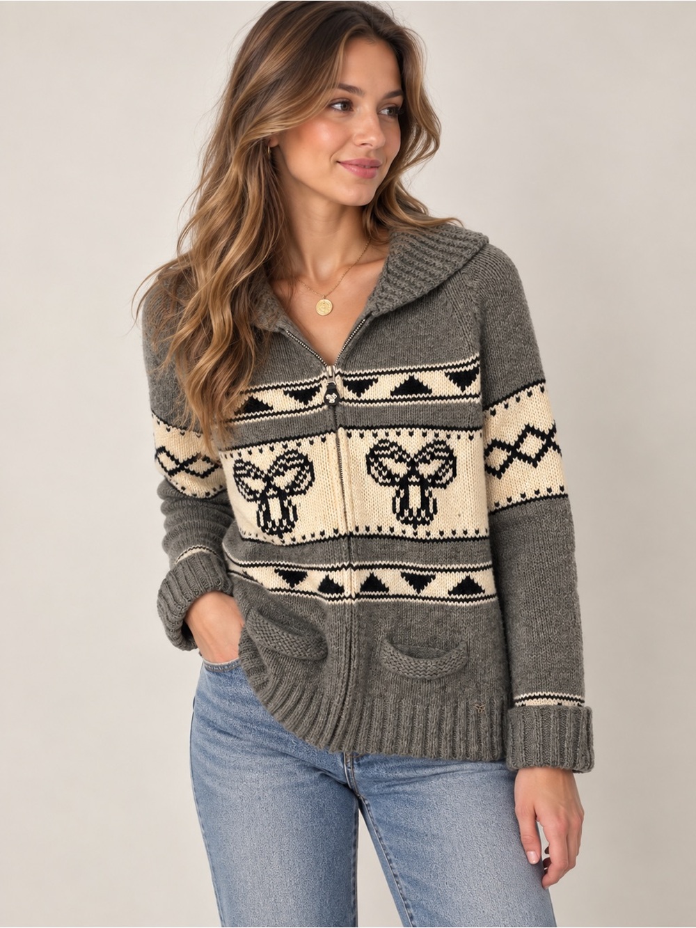 TNA Aritzia 100% Lambswool Skull Fair Isle Zip Cardigan Size L